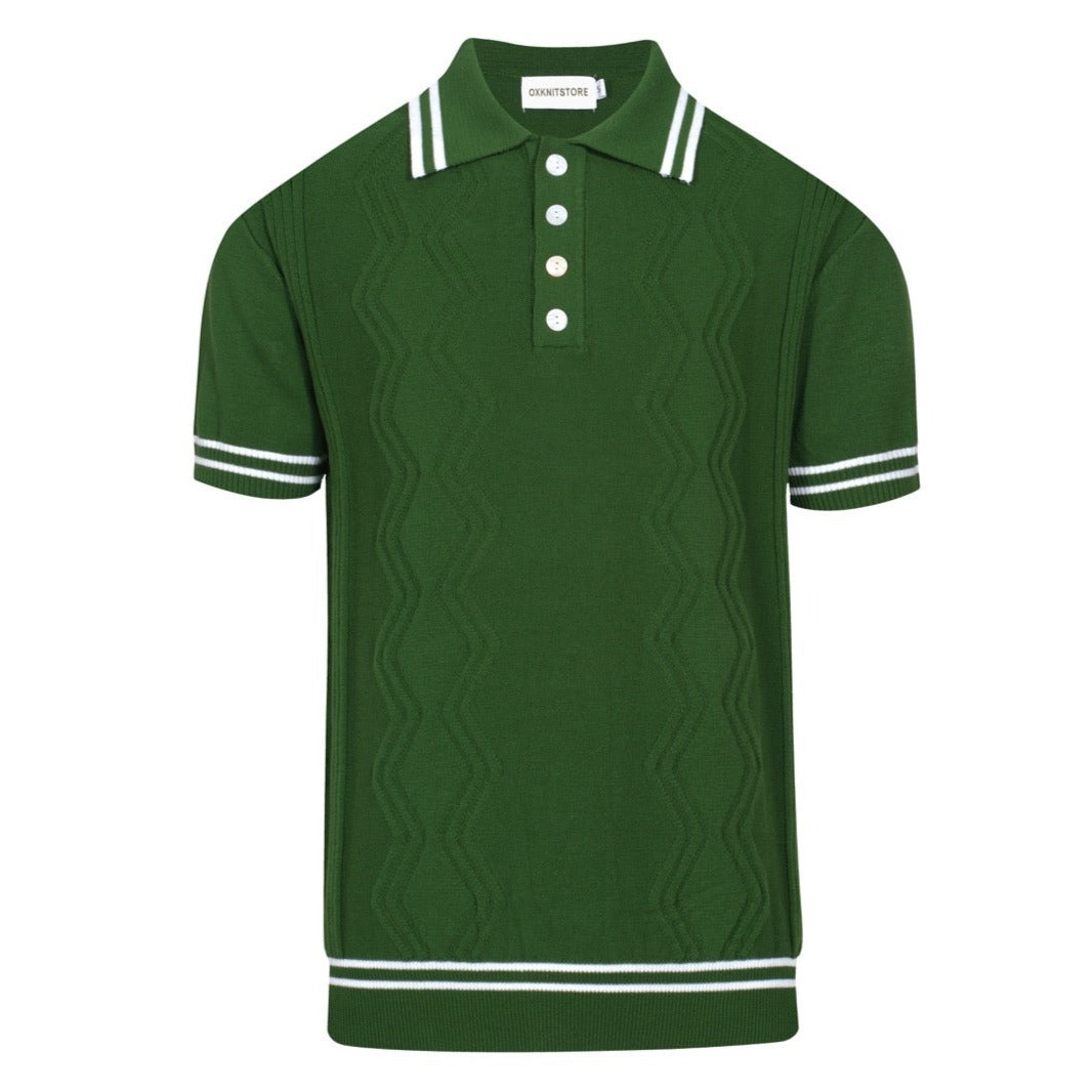 Lässiges Herren-Strick-Retro-Poloshirt im Mod-Stil der 1960er in Dunkelgrün