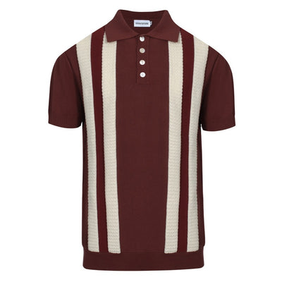 Men's Dark Brown Knitted Polo With Off White Stripe Jacquard Panel