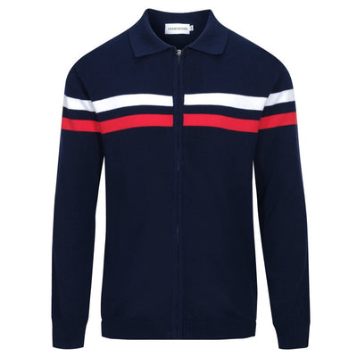 Men's Dark Blue Knitted Zip Cardigan White & Red Racing Stripes Through