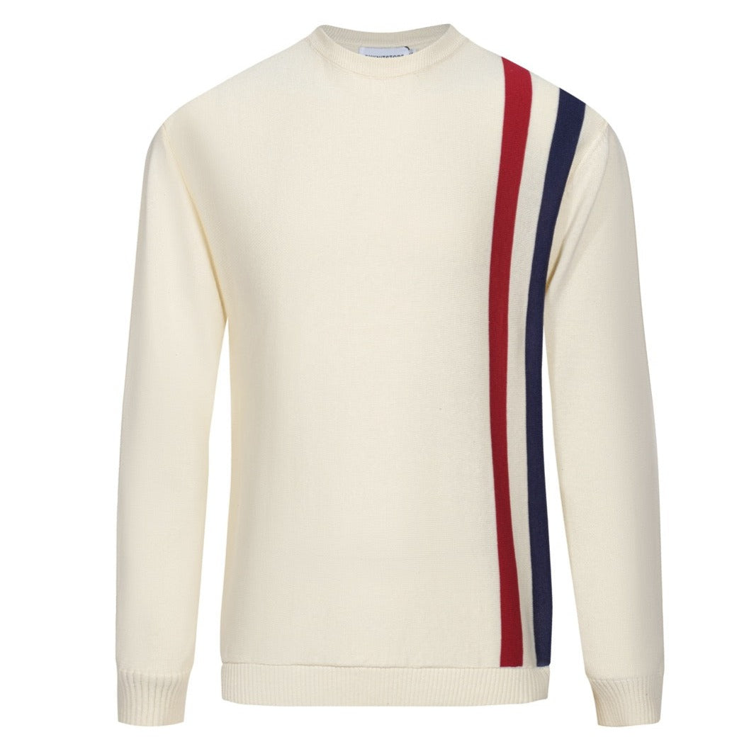 Men's Ecru Jumper Knitted T-Shirt With Red & Blue Racing Stripe