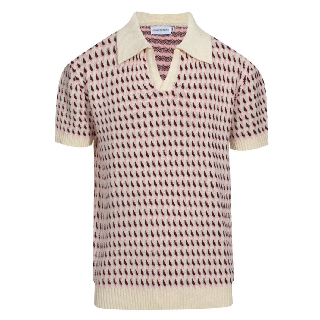 Men's Red & White Jacquard Panel Knitted Polo