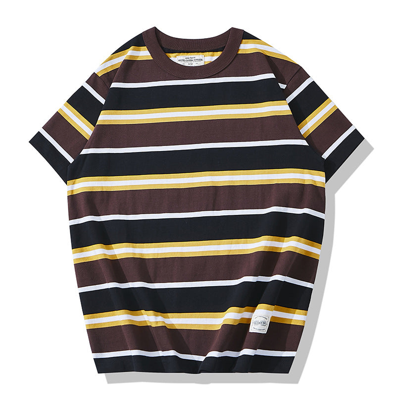 Men's casual retro pinstripe thickened Breton Top short-sleeved T-shirt