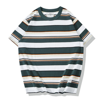 Men's casual retro pinstripe thickened Breton Top short-sleeved T-shirt