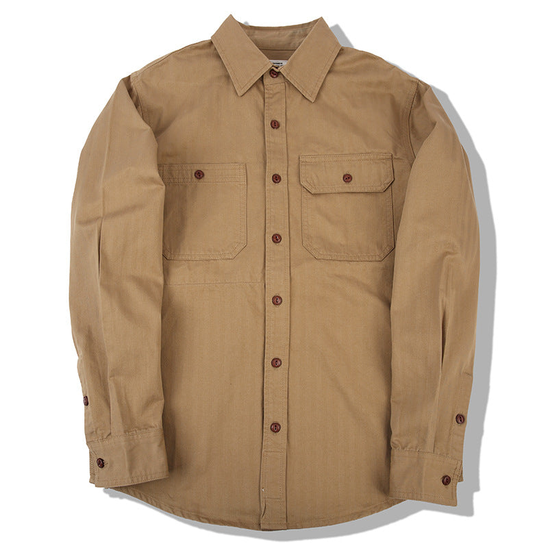 Men's casual solid color herringbone workwear long-sleeved shirt