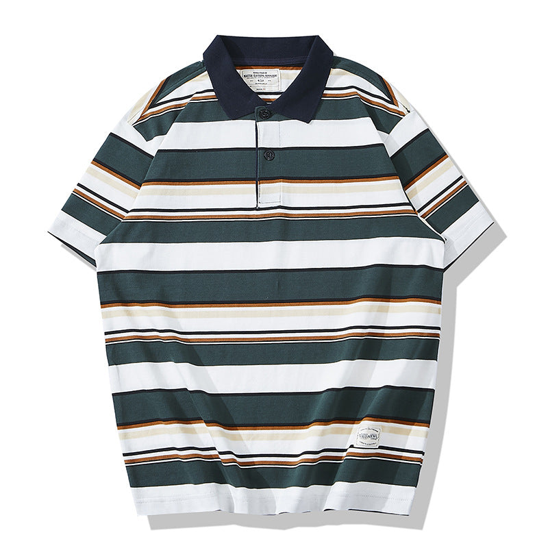 Men's Casual Retro Lapel Thick Striped Short Sleeve POLO Shirt