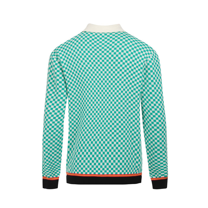 Men's Retro Checkered Knit Polo – Green and White Geometric Sweater