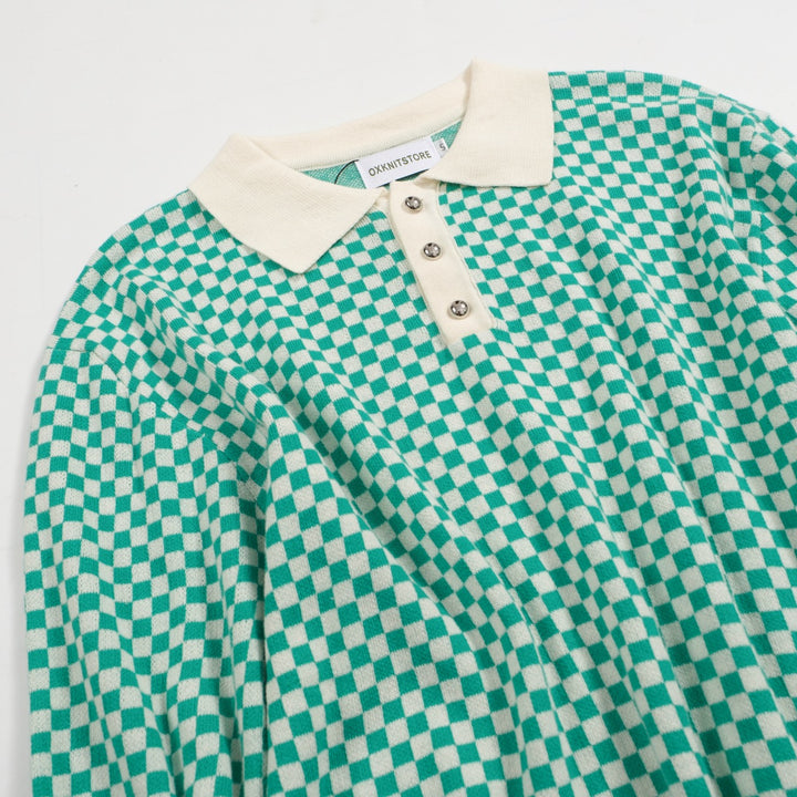 Men's Retro Checkered Knit Polo – Green and White Geometric Sweater