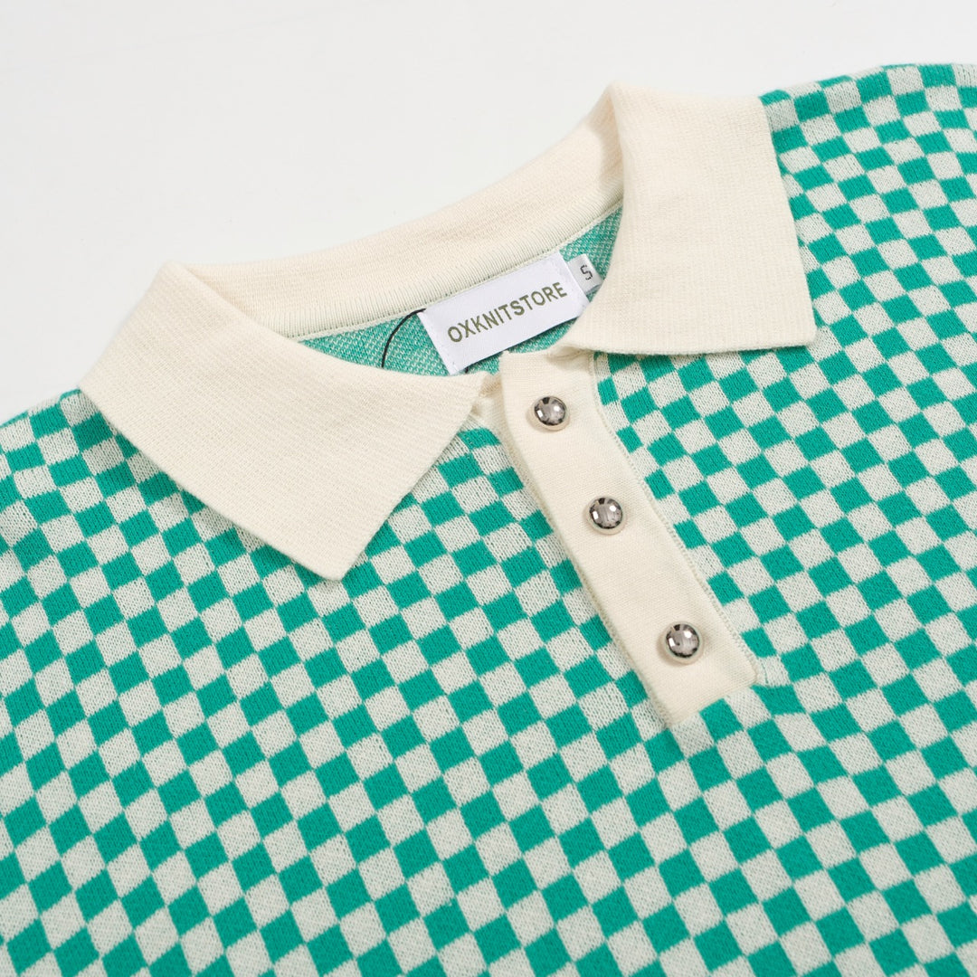 Men's Retro Checkered Knit Polo – Green and White Geometric Sweater