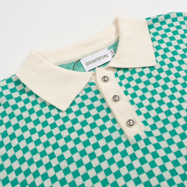 Men's Retro Checkered Knit Polo – Green and White Geometric Sweater