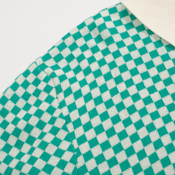 Men's Retro Checkered Knit Polo – Green and White Geometric Sweater