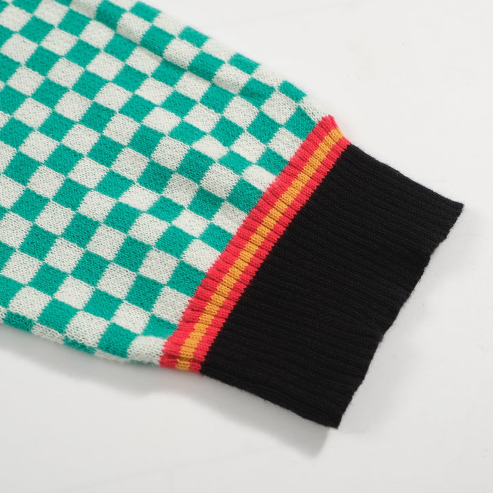 Men's Retro Checkered Knit Polo – Green and White Geometric Sweater