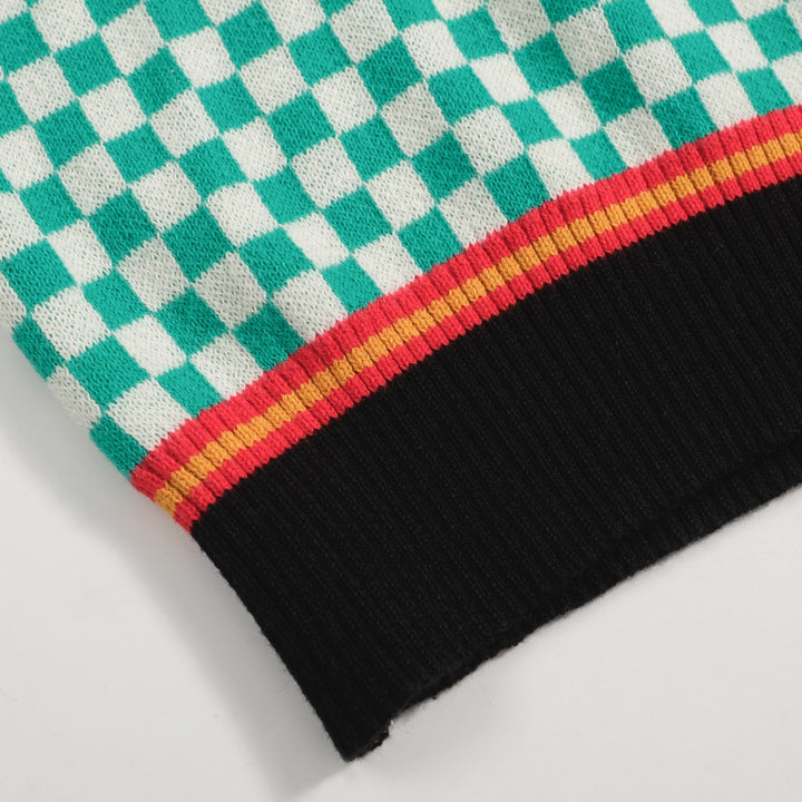 Men's Retro Checkered Knit Polo – Green and White Geometric Sweater