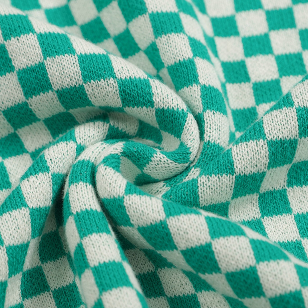 Men's Retro Checkered Knit Polo – Green and White Geometric Sweater