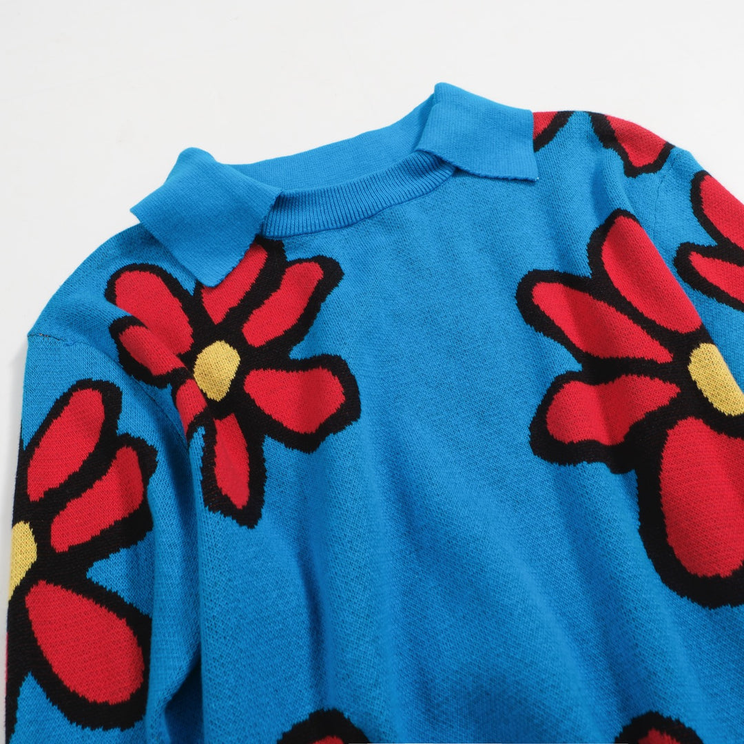 Men's 60s Flower Power Knit Sweater – Blue Pullover with Bold Red Daisies