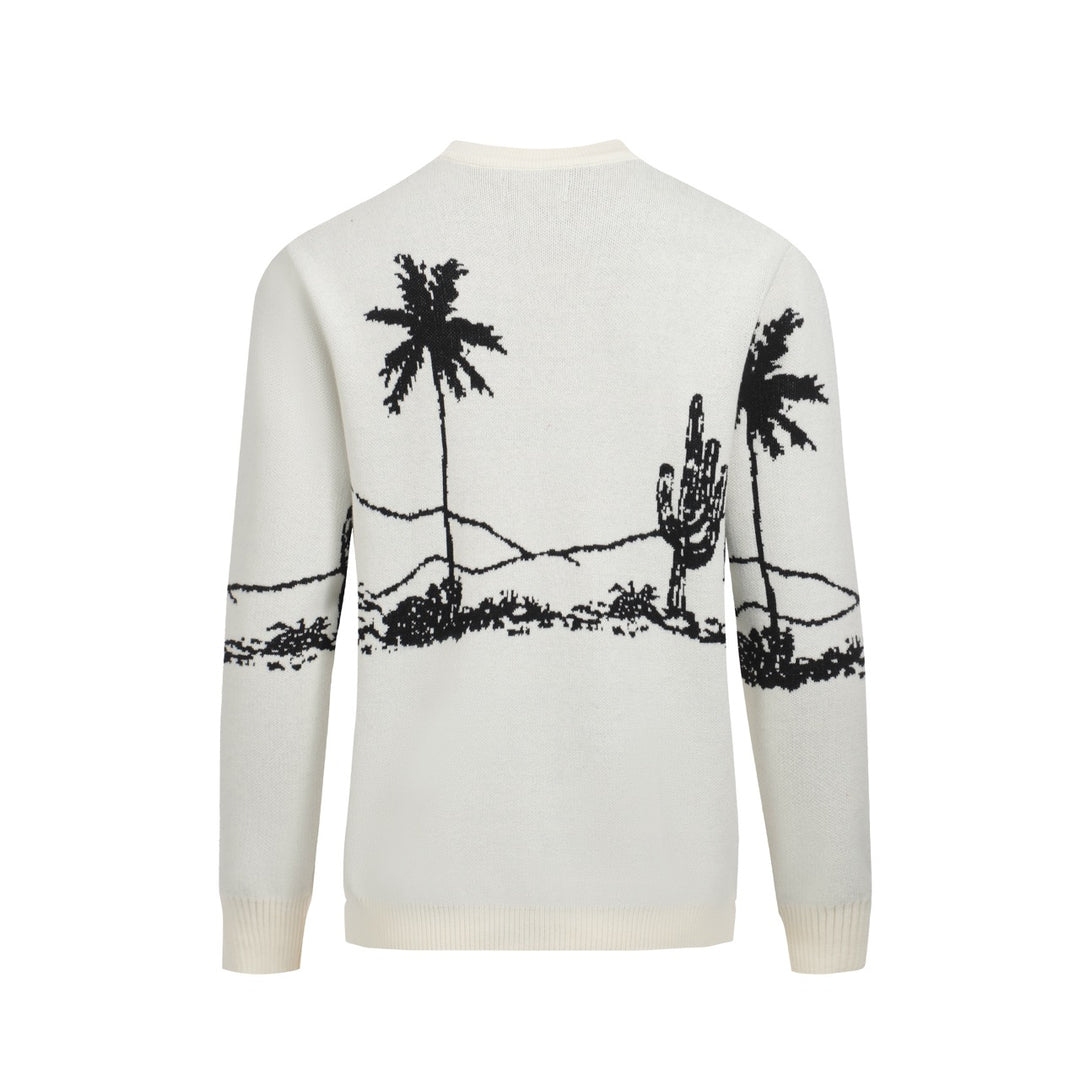 Men's Desert Landscape Knit Sweater – Cream Pullover with Black Cactus & Palm Graphic