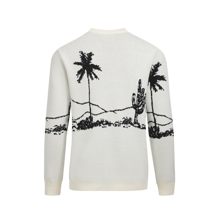 Men's Desert Landscape Knit Sweater – Cream Pullover with Black Cactus & Palm Graphic
