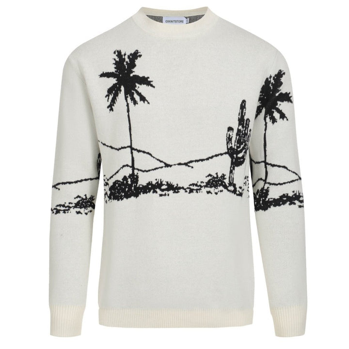 Men's Desert Landscape Knit Sweater – Cream Pullover with Black Cactus & Palm Graphic