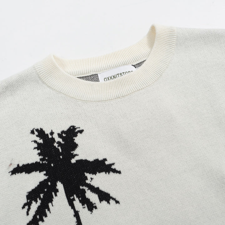 Men's Desert Landscape Knit Sweater – Cream Pullover with Black Cactus & Palm Graphic