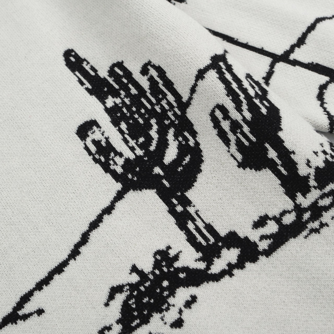 Men's Desert Landscape Knit Sweater – Cream Pullover with Black Cactus & Palm Graphic