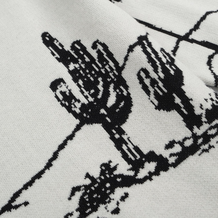 Men's Desert Landscape Knit Sweater – Cream Pullover with Black Cactus & Palm Graphic