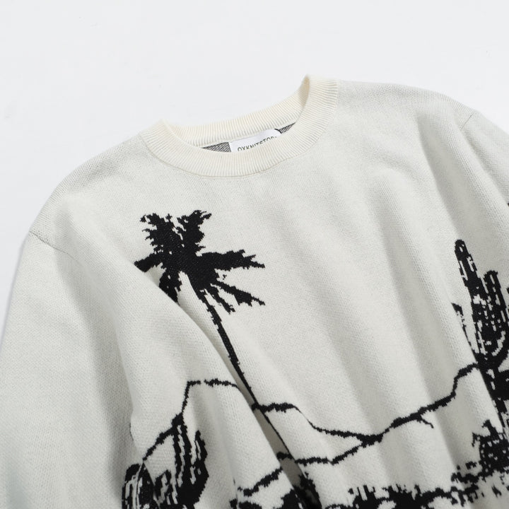 Men's Desert Landscape Knit Sweater – Cream Pullover with Black Cactus & Palm Graphic