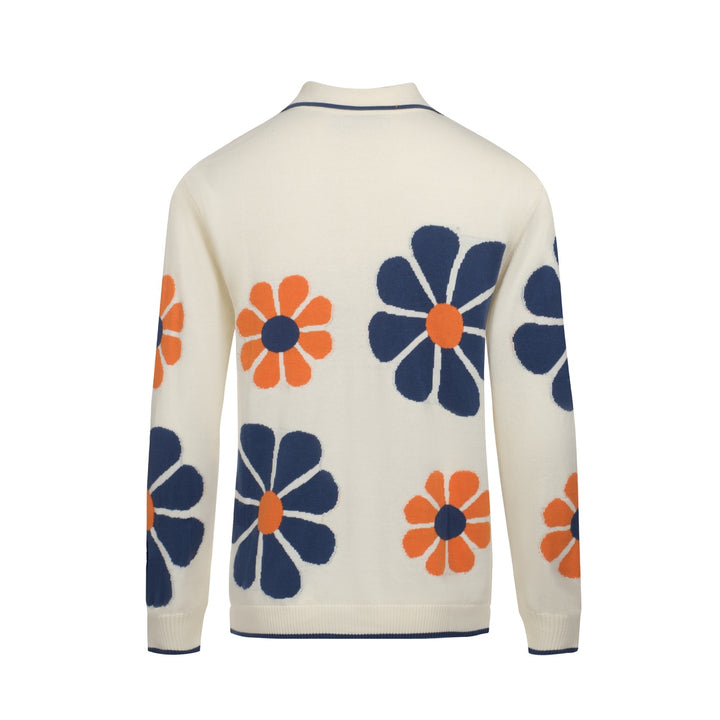 Men's Retro Floral Knit Cardigan – Cream with Orange and Navy Flowers