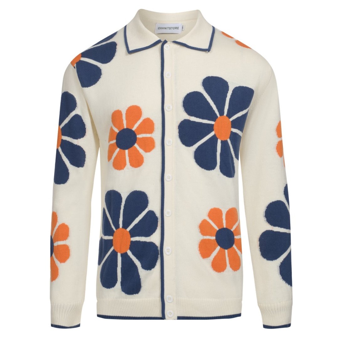 Men's Retro Floral Knit Cardigan – Cream with Orange and Navy