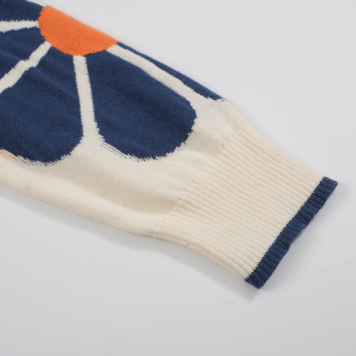 Men's Retro Floral Knit Cardigan – Cream with Orange and Navy Flowers