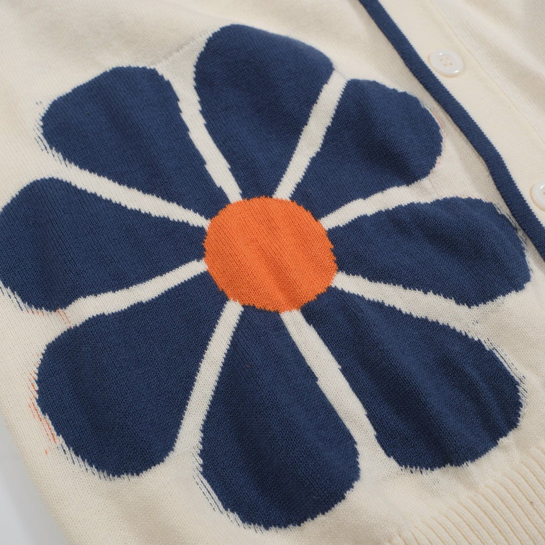 Men's Retro Floral Knit Cardigan – Cream with Orange and Navy Flowers