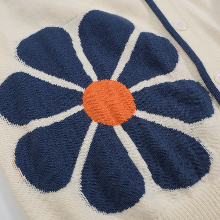 Men's Retro Floral Knit Cardigan – Cream with Orange and Navy Flowers