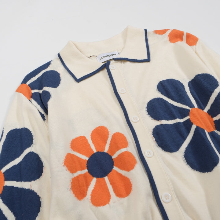 Men's Retro Floral Knit Cardigan – Cream with Orange and Navy Flowers
