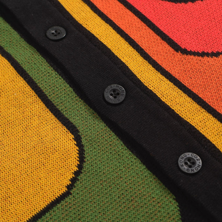 Men's 70s Graphic Knit Cardigan – Black Button-Up with Retro Colorblock Design
