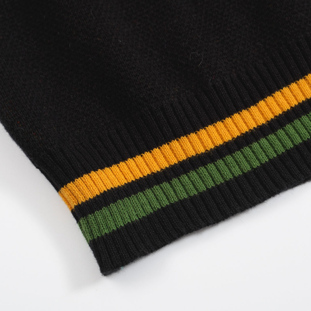 Men's 70s Graphic Knit Cardigan – Black Button-Up with Retro Colorblock Design