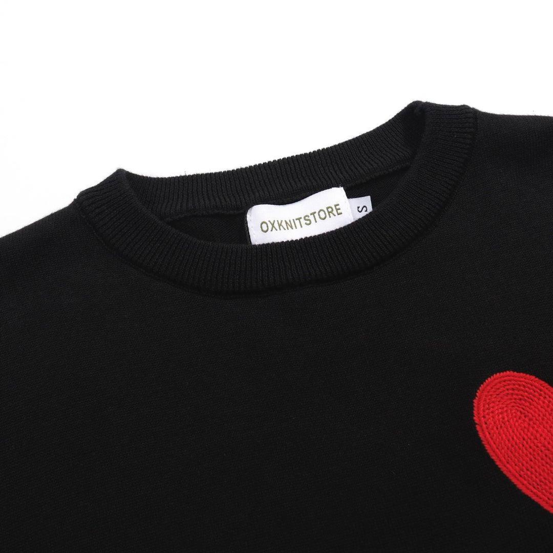 Women’s Black Knit Sweater with Red Heart – MOD Minimalist Long Sleeve