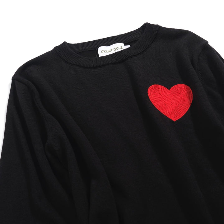 Women’s Black Knit Sweater with Red Heart – MOD Minimalist Long Sleeve