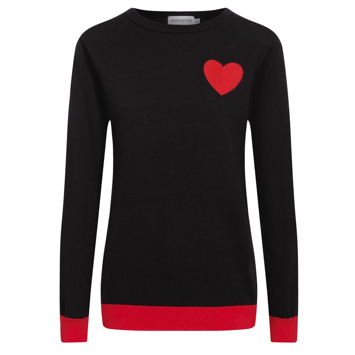 Women’s Black Knit Sweater with Red Heart – MOD Minimalist Long Sleeve