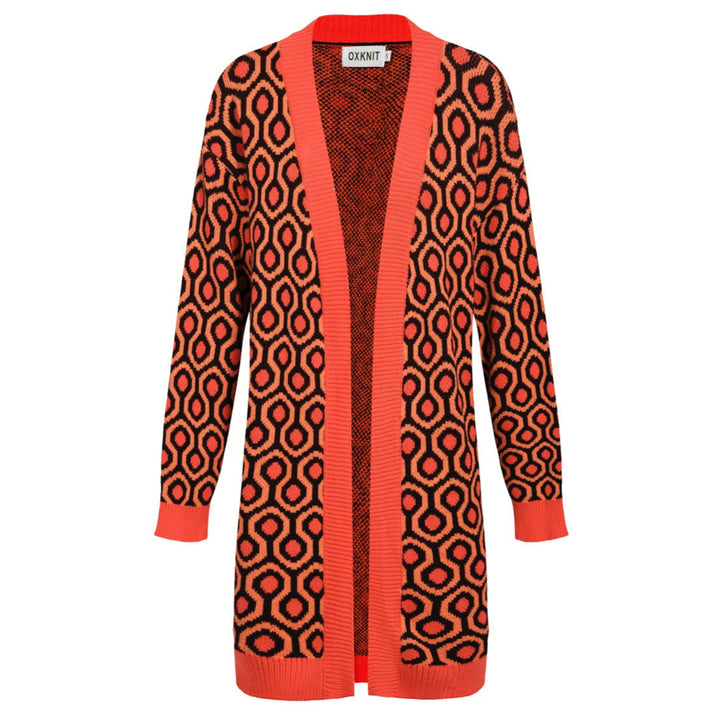 Women's brown jacquard vintage long sweater coat