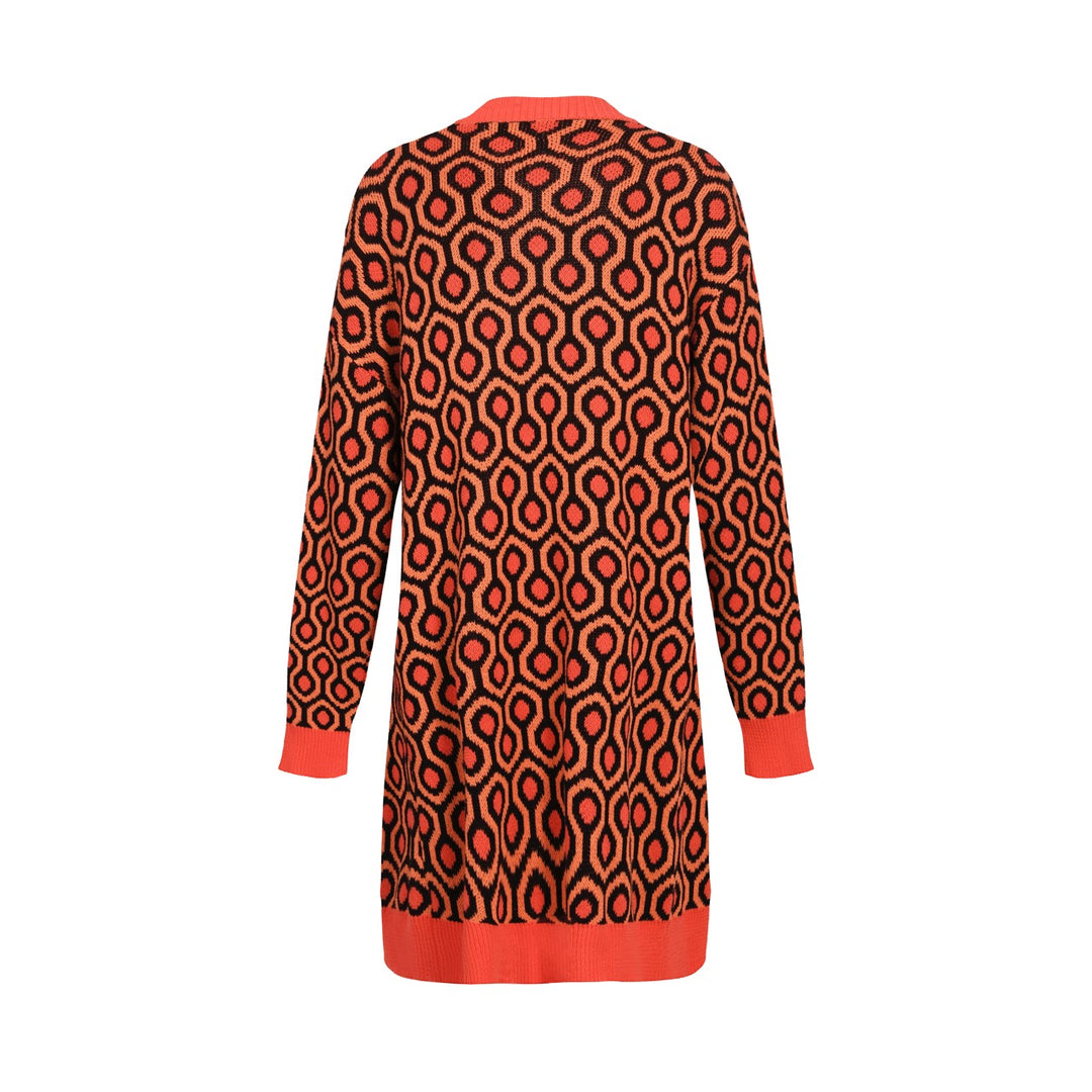 Women's brown jacquard vintage long sweater coat