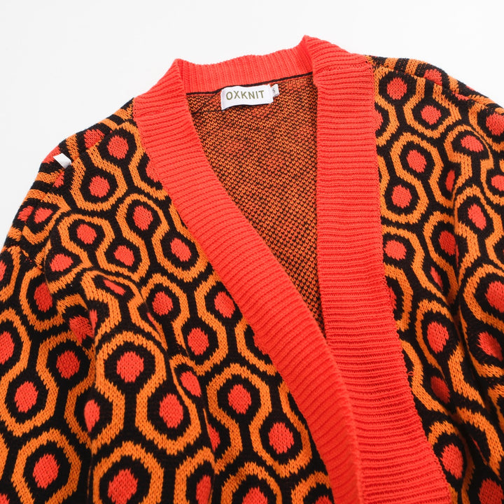 Women's brown jacquard vintage long sweater coat