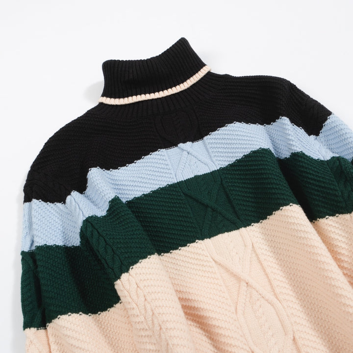 Men’s Colorblock Turtleneck Sweater – Black, Green, Blue & Cream