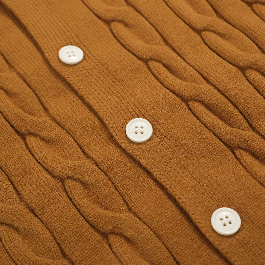 Men’s Camel Cable Knit Cardigan – Retro Varsity Stripe Trim