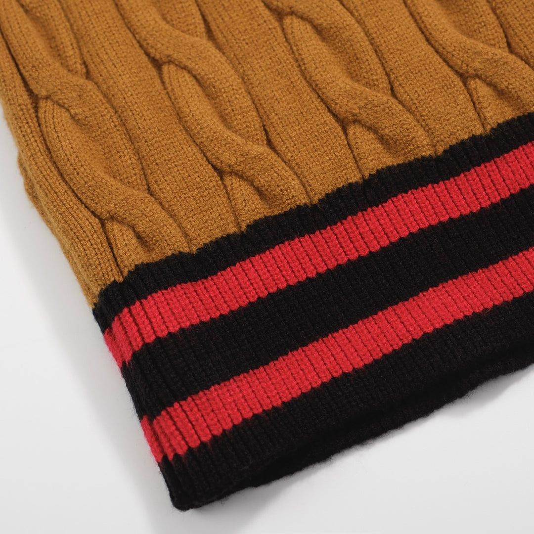 Men’s Camel Cable Knit Cardigan – Retro Varsity Stripe Trim