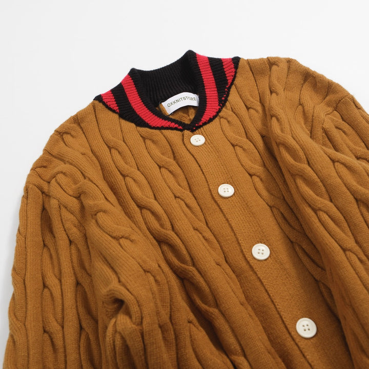 Men’s Camel Cable Knit Cardigan – Retro Varsity Stripe Trim