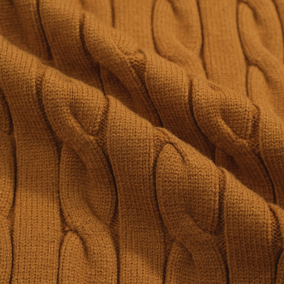 Men’s Camel Cable Knit Cardigan – Retro Varsity Stripe Trim