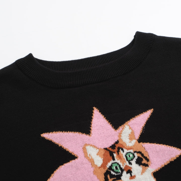 Women’s Black Cat Sweater – Starburst Knit with Tabby Graphic