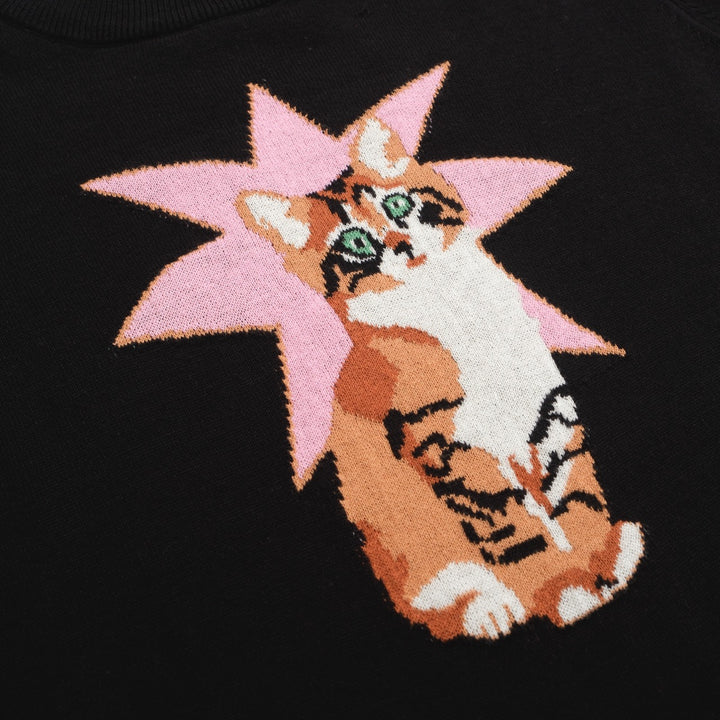 Women’s Black Cat Sweater – Starburst Knit with Tabby Graphic