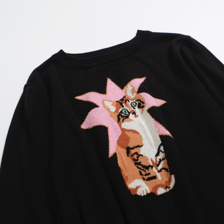 Women’s Black Cat Sweater – Starburst Knit with Tabby Graphic