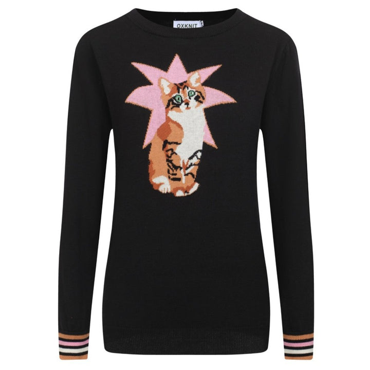 Women’s Black Cat Sweater – Starburst Knit with Tabby Graphic