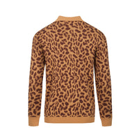 Men’s Leopard Knit Polo Sweater – Long Sleeve Retro Collar