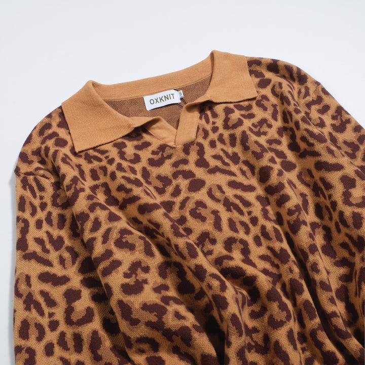 Men’s Leopard Knit Polo Sweater – Long Sleeve Retro Collar